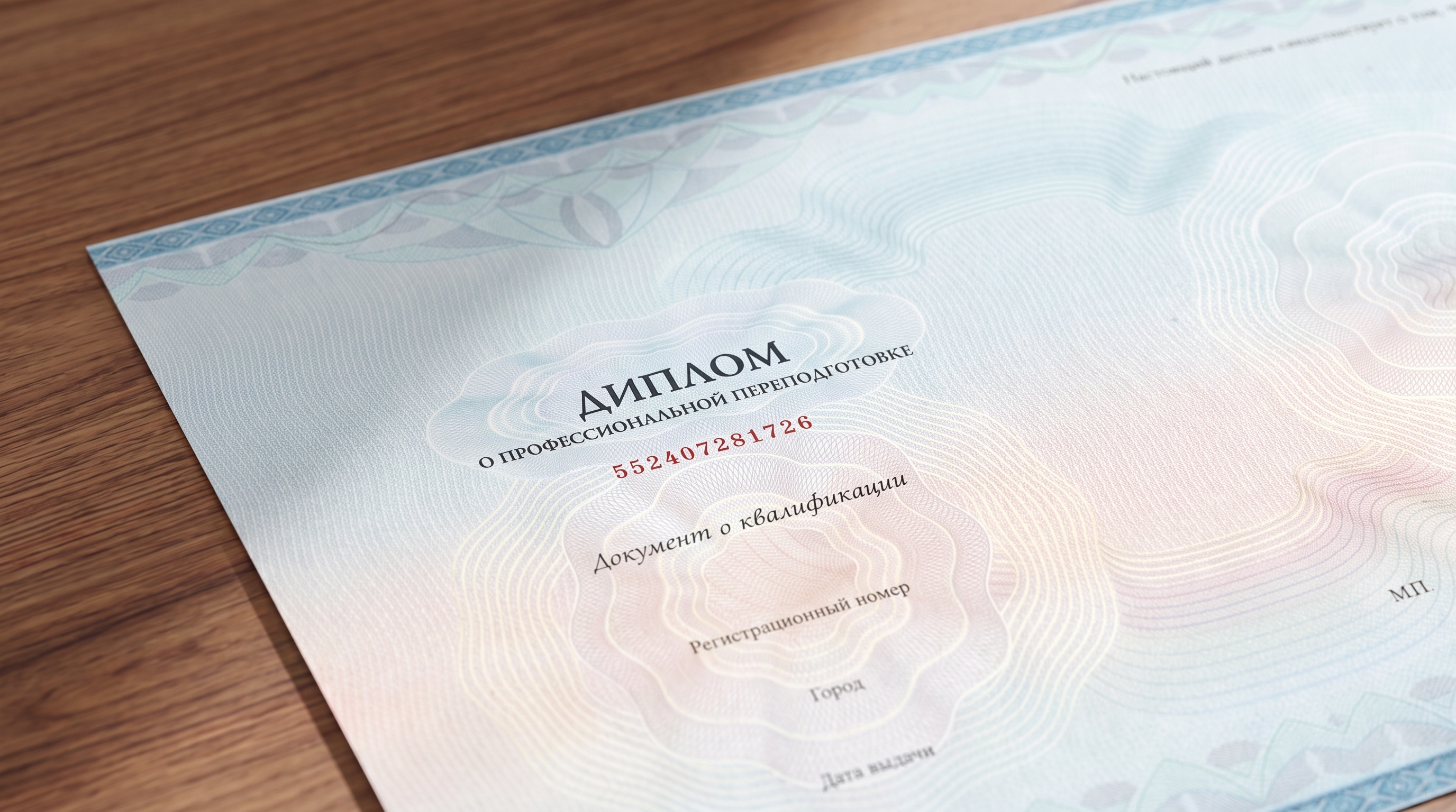 Диплом о профессиональной переподготовке на деревянном столе